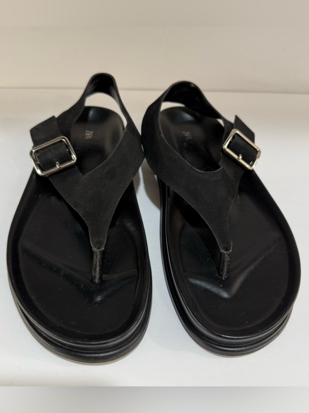 Zara Black Suede Thong Sandals with Silver Buckles, sz 39 EU